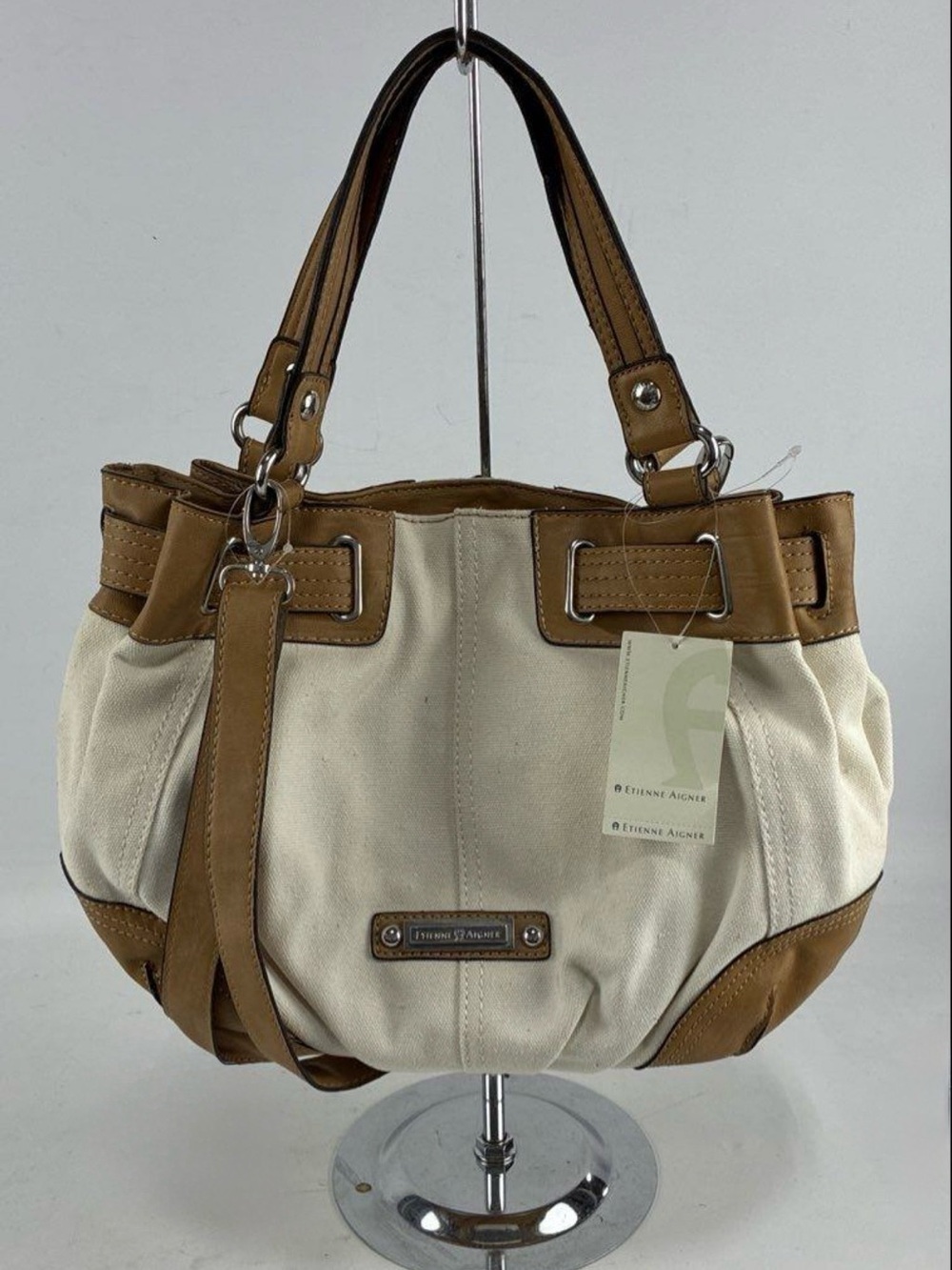 Etienne Aigner Cream Canvas Shoulder Bag with Tan  Trim NWT - Picture 4 of 14